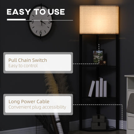 Corner Floor Lamp with Shelves, Modern Tall Standing Lamp with Pull Chain Switch - Black