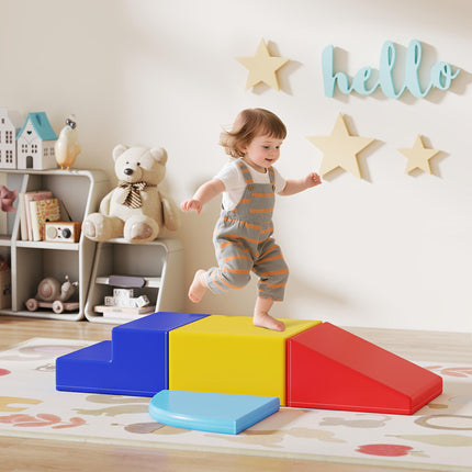 Soft Play 4-Piece Climb and Crawl Foam Toddler Stairs and Ramp Educational Toy Set - Yellow, Red, Blue, Light Blue