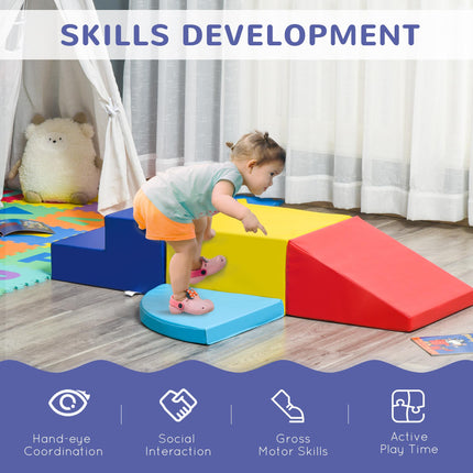 Soft Play 4-Piece Climb and Crawl Foam Toddler Stairs and Ramp Educational Toy Set - Yellow, Red, Blue, Light Blue