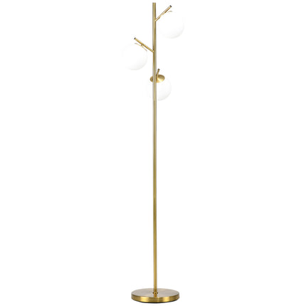 3-Light Tree Floor Lamp with Globe Shades and Steel Base - Gold Tone