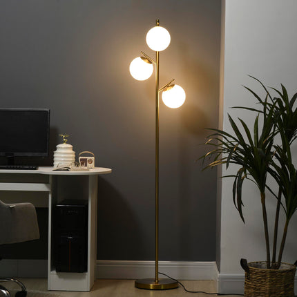 3-Light Tree Floor Lamp with Globe Shades and Steel Base - Gold Tone