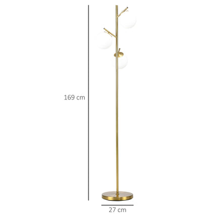 3-Light Tree Floor Lamp with Globe Shades and Steel Base - Gold Tone