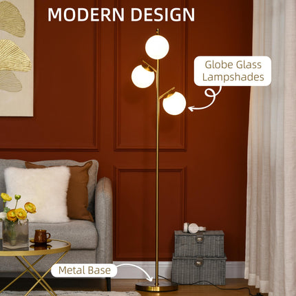 3-Light Tree Floor Lamp with Globe Shades and Steel Base - Gold Tone