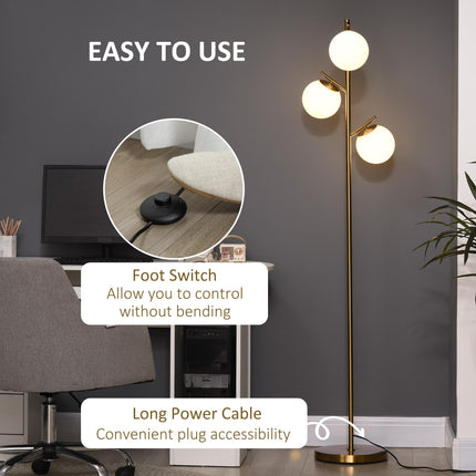 3-Light Tree Floor Lamp with Globe Shades and Steel Base - Gold Tone