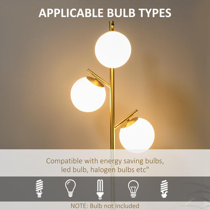 3-Light Tree Floor Lamp with Globe Shades and Steel Base - Gold Tone