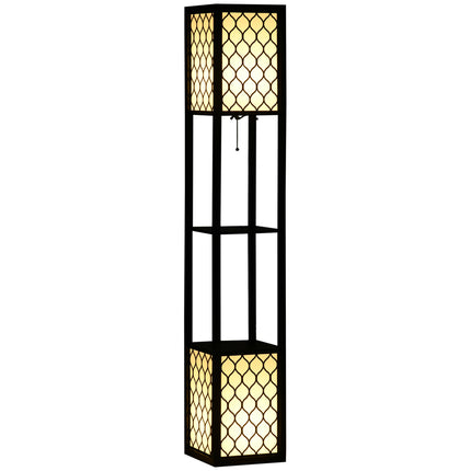 Modern Floor Lamp with Dual Lights and Shelves, Pull Chain Switch - Black