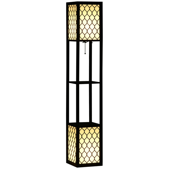 Modern Floor Lamp with Dual Lights and Shelves, Pull Chain Switch - Black