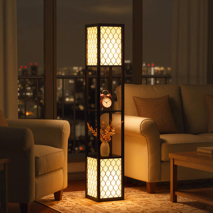 Modern Floor Lamp with Dual Lights and Shelves, Pull Chain Switch - Black
