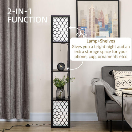 Modern Floor Lamp with Dual Lights and Shelves, Pull Chain Switch - Black