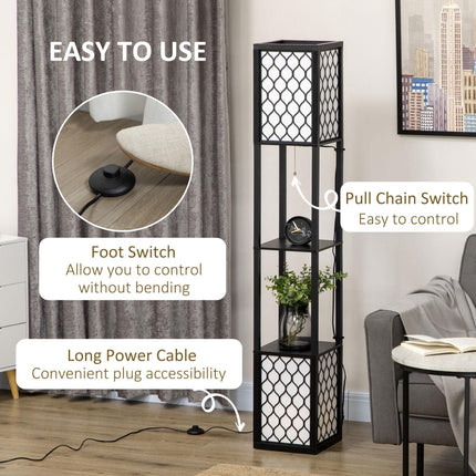 Modern Floor Lamp with Dual Lights and Shelves, Pull Chain Switch - Black