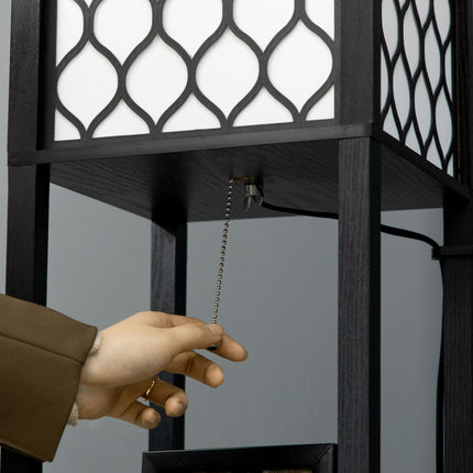 Modern Floor Lamp with Dual Lights and Shelves, Pull Chain Switch - Black