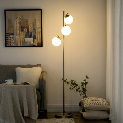 3-Light Modern Tree Floor Lamp with Globe Shades for Living Room & Bedroom - Silver