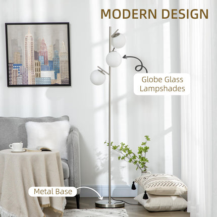 3-Light Modern Tree Floor Lamp with Globe Shades for Living Room & Bedroom - Silver
