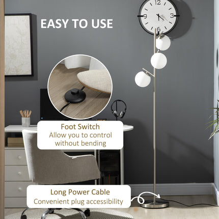 3-Light Modern Tree Floor Lamp with Globe Shades for Living Room & Bedroom - Silver