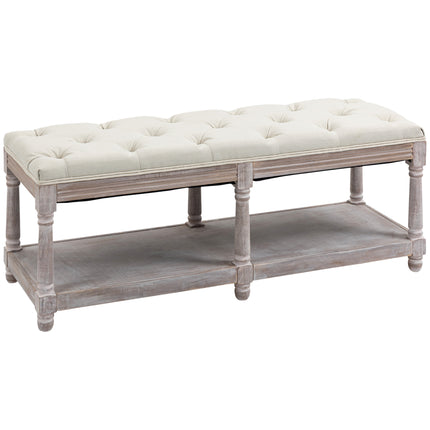 2 Tier Shoe Rack Bench with Button-Tufted Upholstered Cushion and Storage Shelf - Cream White