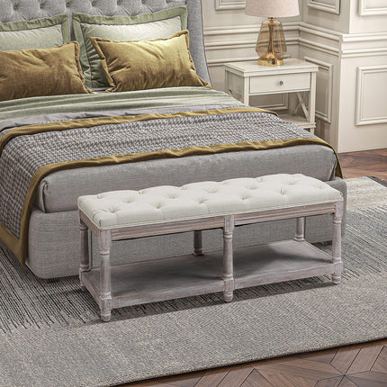 2 Tier Shoe Rack Bench with Button-Tufted Upholstered Cushion and Storage Shelf - Cream White