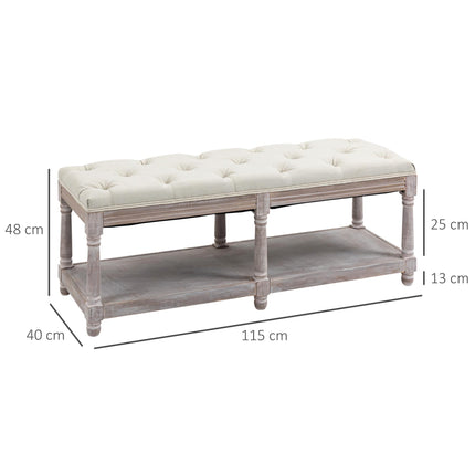 2 Tier Shoe Rack Bench with Button-Tufted Upholstered Cushion and Storage Shelf - Cream White