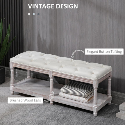 2 Tier Shoe Rack Bench with Button-Tufted Upholstered Cushion and Storage Shelf - Cream White