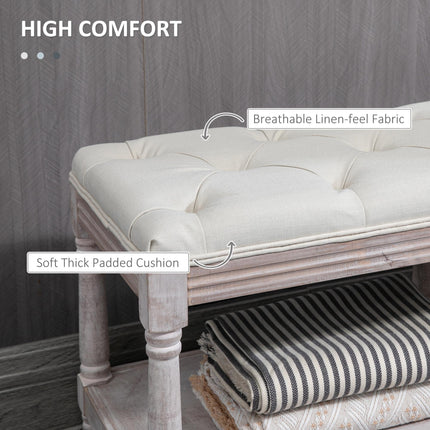 2 Tier Shoe Rack Bench with Button-Tufted Upholstered Cushion and Storage Shelf - Cream White