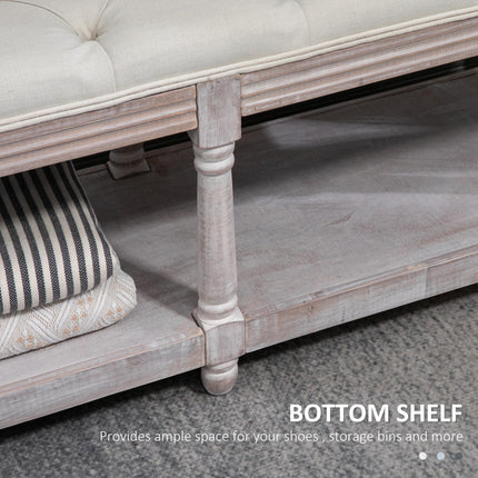 2 Tier Shoe Rack Bench with Button-Tufted Upholstered Cushion and Storage Shelf - Cream White
