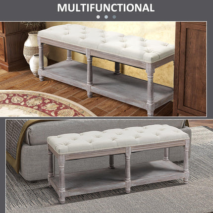 2 Tier Shoe Rack Bench with Button-Tufted Upholstered Cushion and Storage Shelf - Cream White