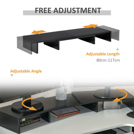 Dual Monitor Adjustable Length and Angle Stand Riser for Laptop, PC, Printer, TV - Black