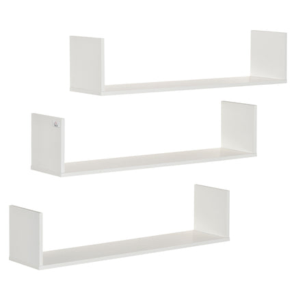 Set of 3 Wooden U-Shaped Floating Wall Shelves for Books, CD, DVD Storage - White