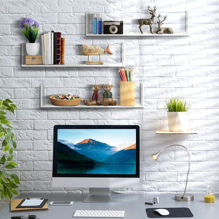 Set of 3 Wooden U-Shaped Floating Wall Shelves for Books, CD, DVD Storage - White
