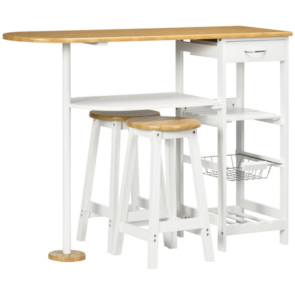3 Piece Breakfast Bar Table Set with Storage Shelf, Drawer, Wire Basket & Wine Rack - Natural & White