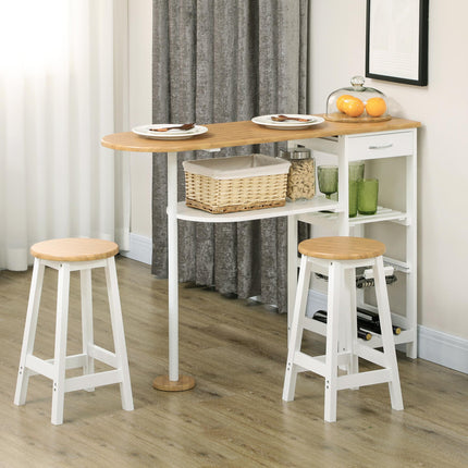 3 Piece Breakfast Bar Table Set with Storage Shelf, Drawer, Wire Basket & Wine Rack - Natural & White