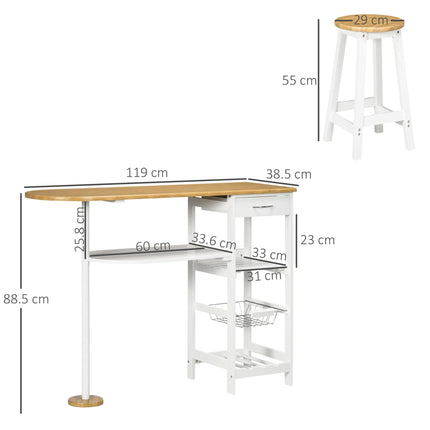 3 Piece Breakfast Bar Table Set with Storage Shelf, Drawer, Wire Basket & Wine Rack - Natural & White