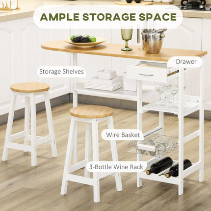 3 Piece Breakfast Bar Table Set with Storage Shelf, Drawer, Wire Basket & Wine Rack - Natural & White