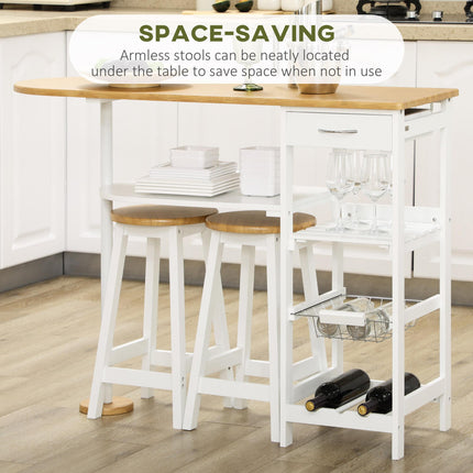 3 Piece Breakfast Bar Table Set with Storage Shelf, Drawer, Wire Basket & Wine Rack - Natural & White