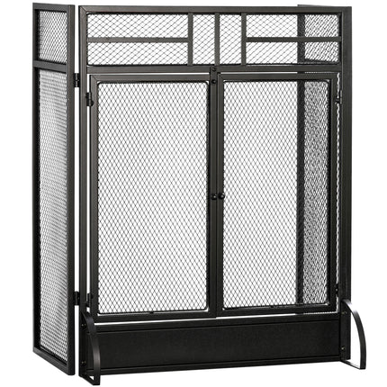 3-Panel Folding Fireplace Screen with Door, Freestanding Spark Guard, Metal Mesh