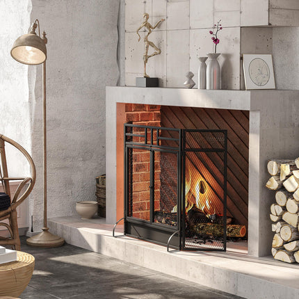 3-Panel Folding Fireplace Screen with Door, Freestanding Spark Guard, Metal Mesh