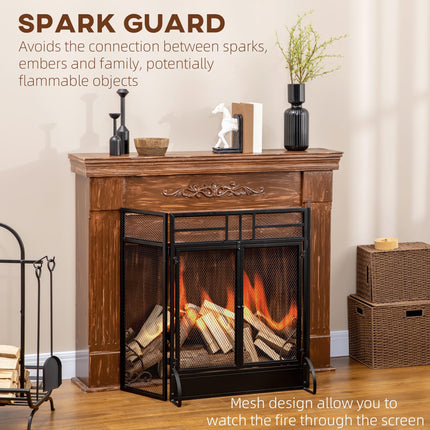 3-Panel Folding Fireplace Screen with Door, Freestanding Spark Guard, Metal Mesh