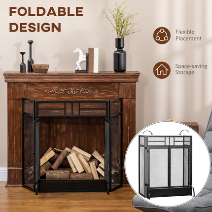 3-Panel Folding Fireplace Screen with Door, Freestanding Spark Guard, Metal Mesh