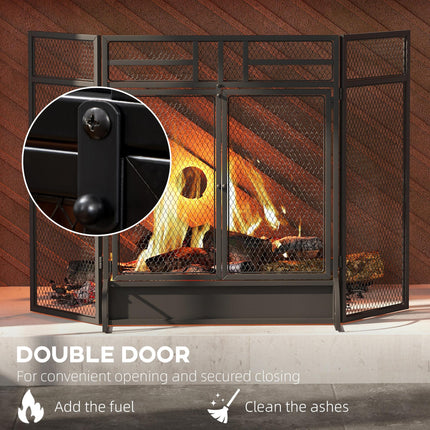 3-Panel Folding Fireplace Screen with Door, Freestanding Spark Guard, Metal Mesh