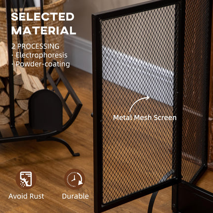 3-Panel Folding Fireplace Screen with Door, Freestanding Spark Guard, Metal Mesh