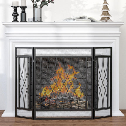 126cm 3-Panel Metal Folding Fireplace Screen Heat Flame Protective Guard Child P