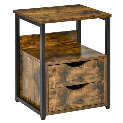 Industrial Side Table with Two Drawers and Shelf - Rustic Brown
