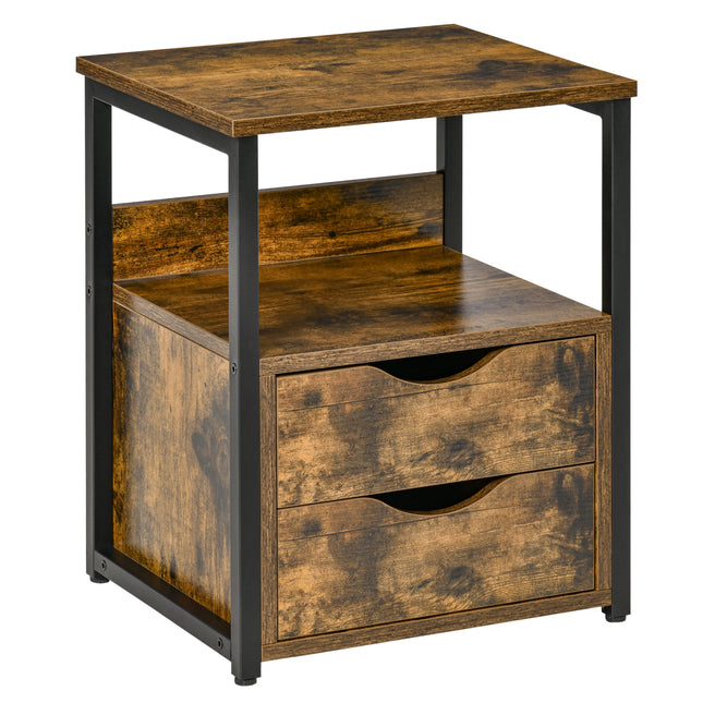 Industrial Side Table with Two Drawers and Shelf - Rustic Brown