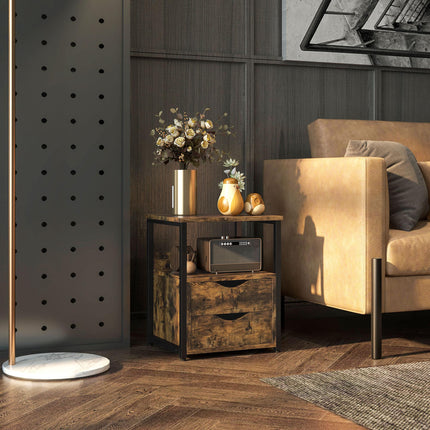 Industrial Side Table with Two Drawers and Shelf - Rustic Brown