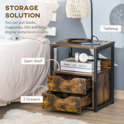 Industrial Side Table with Two Drawers and Shelf - Rustic Brown