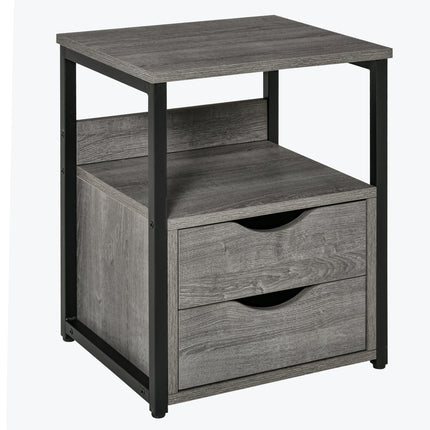 Industrial Side Table with Drawers and Storage Shelf, Slim Nightstand for Living Room & Bedroom - Grey