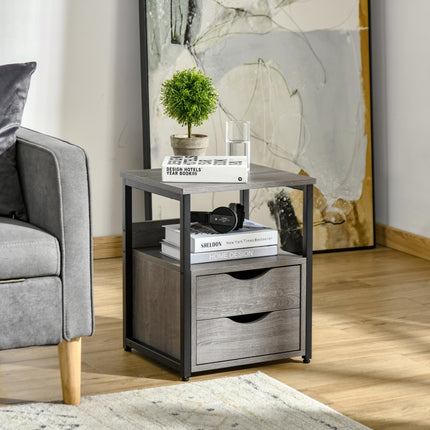 Industrial Side Table with Drawers and Storage Shelf, Slim Nightstand for Living Room & Bedroom - Grey