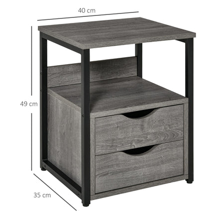Industrial Side Table with Drawers and Storage Shelf, Slim Nightstand for Living Room & Bedroom - Grey