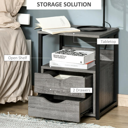 Industrial Side Table with Drawers and Storage Shelf, Slim Nightstand for Living Room & Bedroom - Grey
