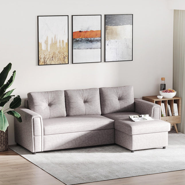 Linen-Look Reversible L-Shaped Sofa Bed with Storage - Grey