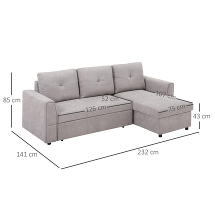 Linen-Look Reversible L-Shaped Sofa Bed with Storage - Grey